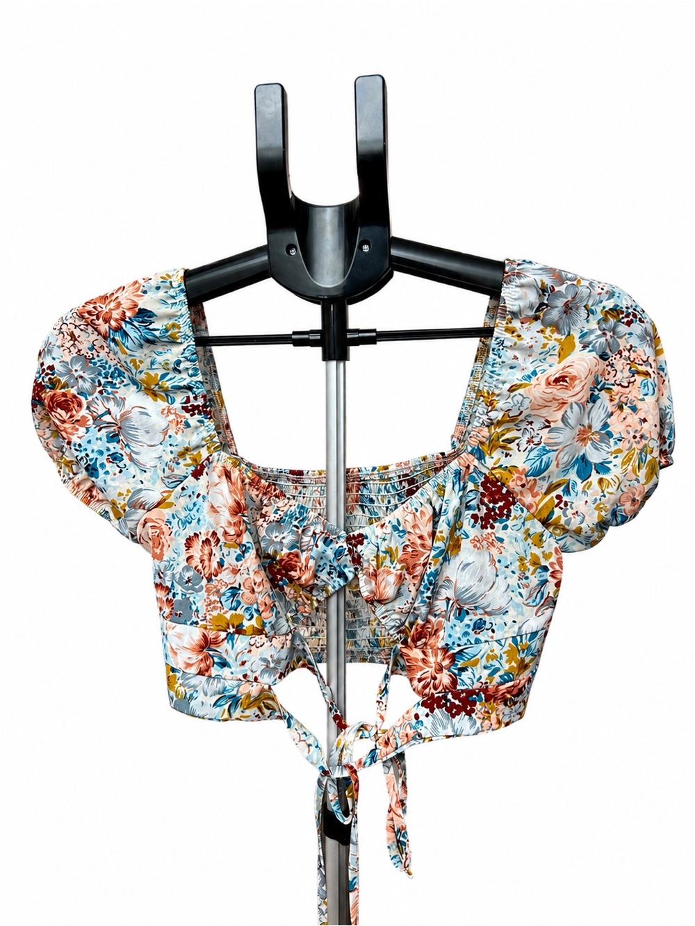 SHEIN Floral Puff-Sleeve Tie-Front Crop Top - Blue, Peach, Rust
